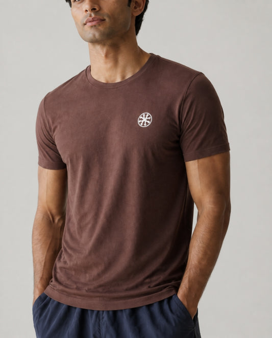 Athleia catalogue shoot – pro tee brown – detail – worn by a man